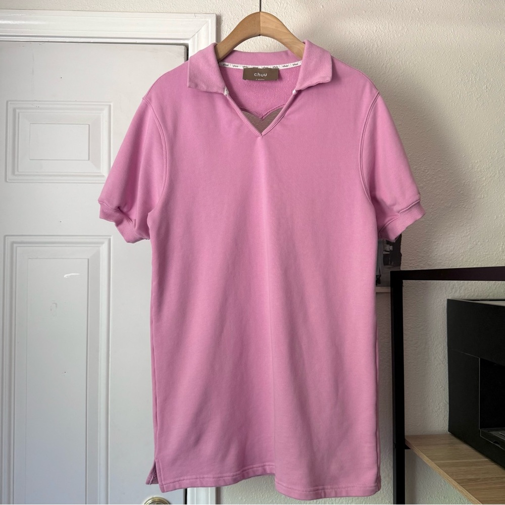 CHUU pink cotton terry polo heart cutout‎ back puff short sleeve mini dress